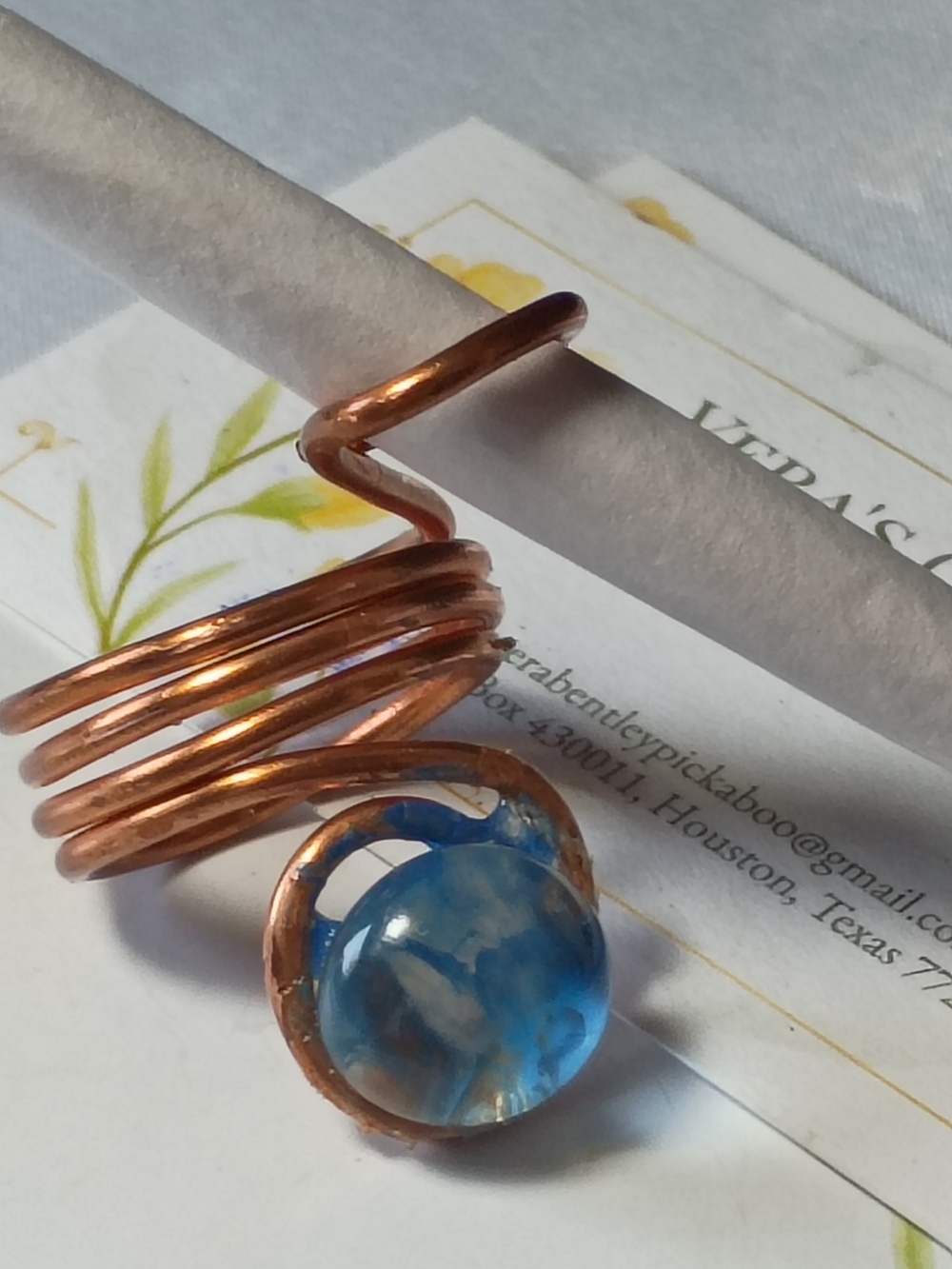 Copper Spiral Ring with Blue Glass Stone - Picture 4 of 12